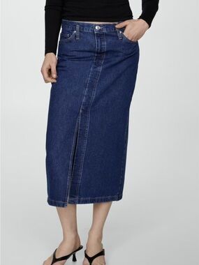 Mango Dark Blue Denim Midi Skirt with Front Slit